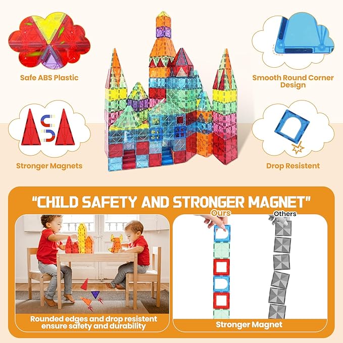 Magnetic Tiles - 130PCS Magnetic Blocks for Kids, Magnet Tiles Building Blocks Set with 2 Cars, Construction STEM Magnet Toys Gift for Kids, Boys and Girls 3 4 5 6 7 8+ Year Old