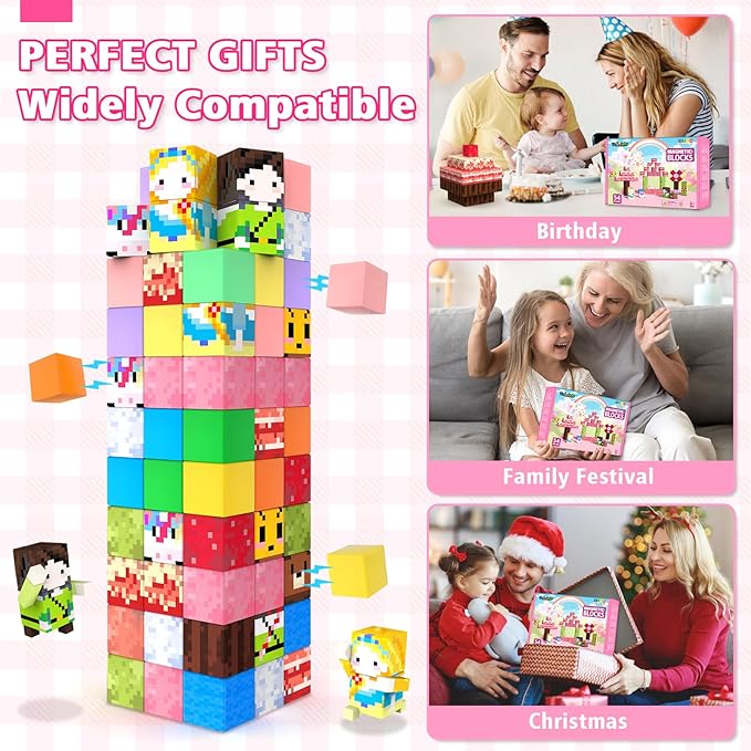 Magnetic Blocks for Kids Ages 3-5,54pcs Candy Magnetic Building Blocks Pink Magnet Cubes Sensory Creative Learning Toys Gifts for Toddlers Ages 4-8 5 6 7+Year Old Girls Birthday Christmas