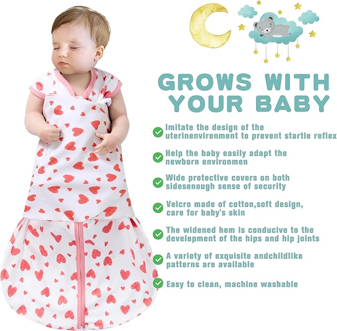 Newborn Sleep Sack Baby Swaddle,Swaddle me 6-12 Month,3-Way Adjustable Wearable Blanket,100% Rayon Cotton Swaddling Sleeping Bag，TOG 0.5 (Love, 6-12 Months)