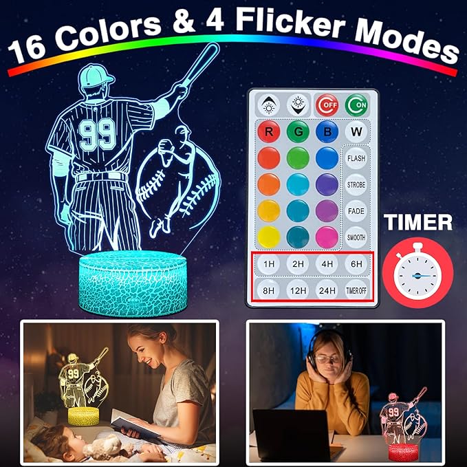 Baseball Gifts for Boys, 16 Colors Baseball Night Light - Remote Control, Timer Tpye-C Dimmable Lamp, LED 3D Light Illusion, Glow Room Decor