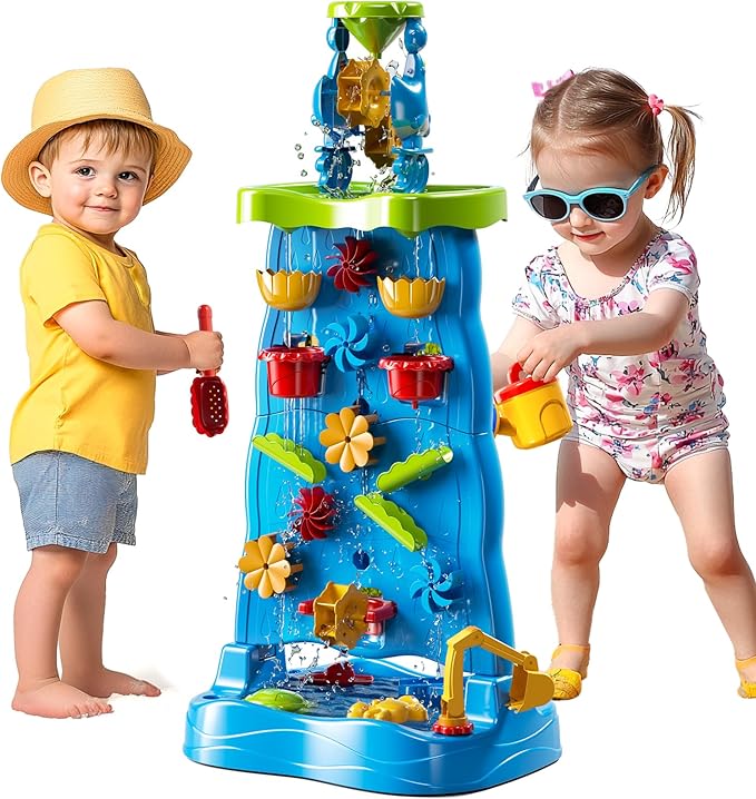 Water Table for Toddlers 1-3 Kids Ages 4-8, Double-Sided Waterfall Discovery Wall with Rich Activity Set, Summer Kids Outdoor Beach Sensory Sand Water Play Table Toys, Birthday Gifts for Boys & Girls