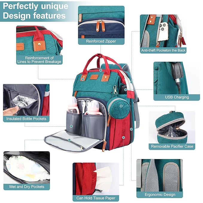 Diaper Bag Backpack, Baby Diaper Bag, Multifunctional Large Capacity, with Diaper Changing Station, Travel Diaper Bag Backpack (Blue-Green)