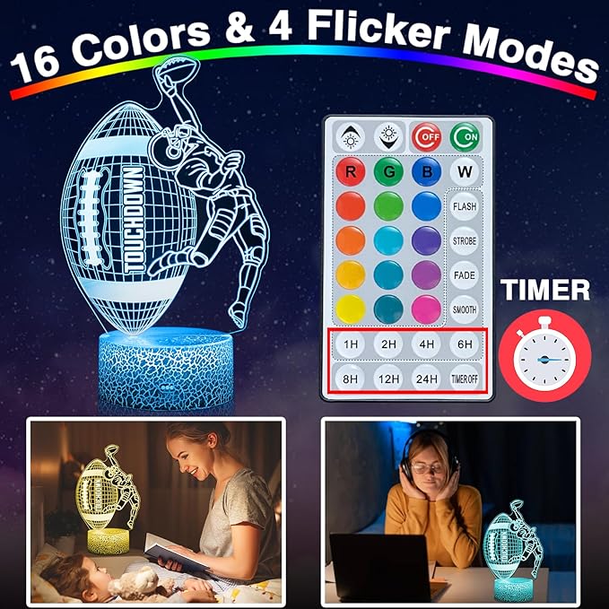 American Football Lamp, 16 Colors Touchdown Night Light - Remote Control, Timer Tpye-C Dimmable, LED 3D Light Illusion, Football Room Decor for Boys