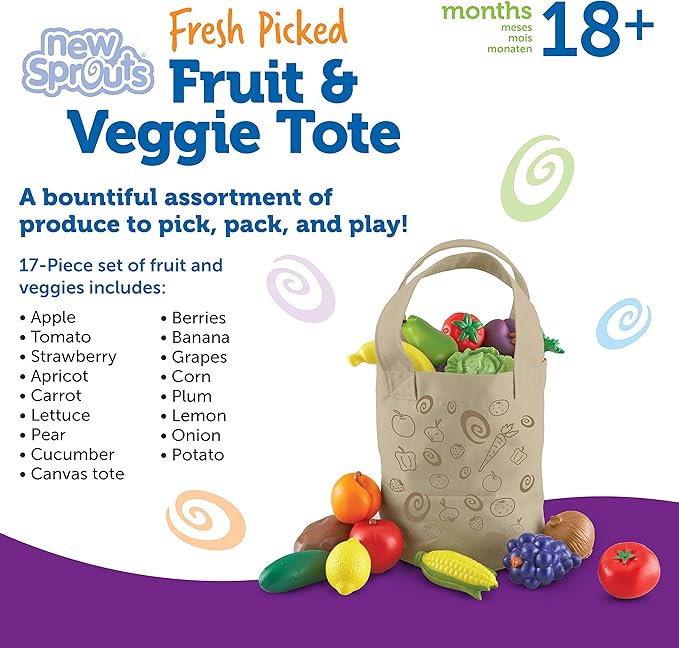 Learning Resources Fresh Picked Fruit And Veggie Tote, 17 Piece, Age 18 months+, Multicolor,8 L x 9 W in
