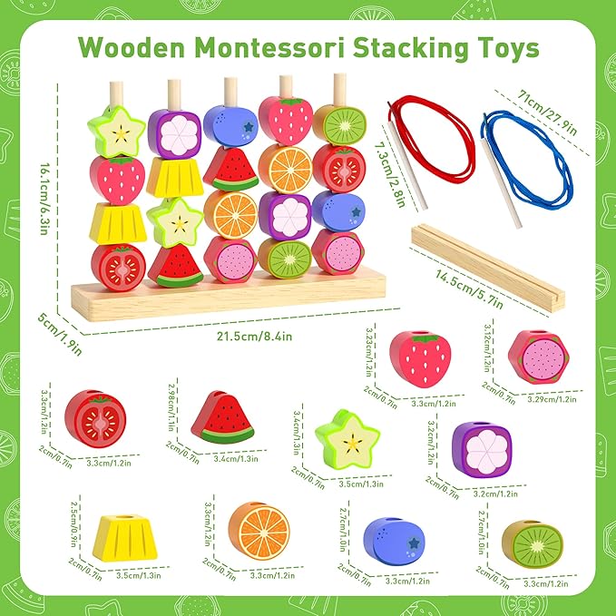 Montessori Toys for 3 4 5 Year Old, Wooden Fruit Toddler Stacking Toys, Stacking Blocks & Lacing Beads & Shape Sorter Toy for Toddler, STEM Preschool Learning Toys for Kids Boys Girls