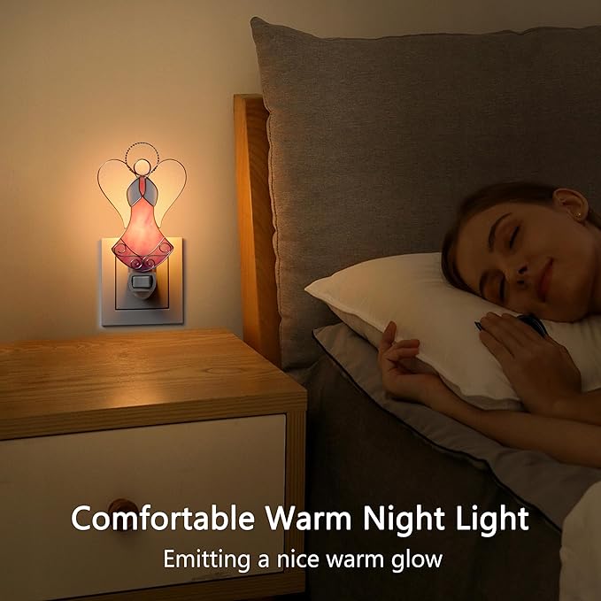 Night Lights Plug Into Wall Stained Glass 7W Plug in Night Light Dusk to Dawn 3000K Warm White Nightlight Switch-On/Off for Adult Kids Room Bathroom Hallway Kitchen Non-Dim (Pink Angel 5" H)