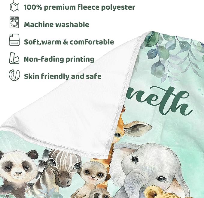 J&SBGFT Personalised Custom Baby Blanket for Boys, Toddlers, Kids - Safari Animal Green