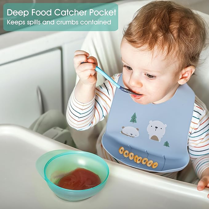2 Pack Silicone Baby Bibs Adjustable Fit Waterproof Bib With Leak Proof Food Pouch Catcher for Eating Boys Girls