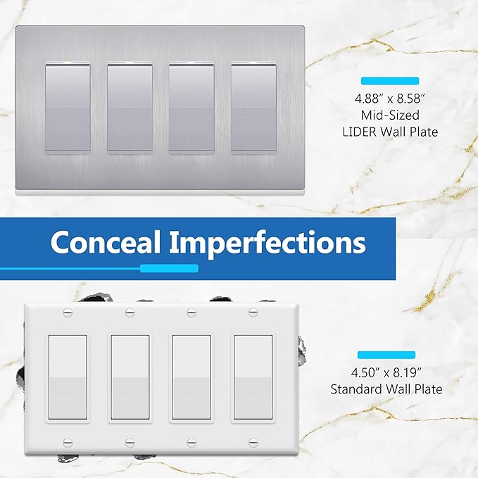 LIDER Brushed Finish Decorator Switch Cover, Screwless Wall Plate, Mid-Size 4-Gang 4.88" x 8.58", Unbreakable Polycarbonate Thermoplastic, UL Listed, LSWP-34M-BSV, Brushed Silver