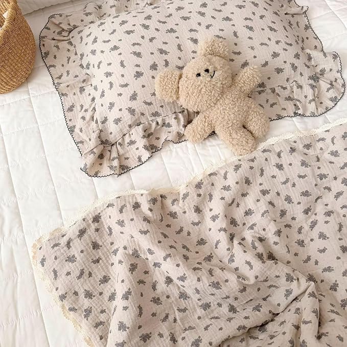 BuLuTu Blue Orchid Flower with Dots Design Toddler Pillow Case Crib Size, 14"x20", 1 pc, Muslin Cotton Pillow Covers for Girls Boys Machine Washable Pillowcase Nursery Decor, Durable