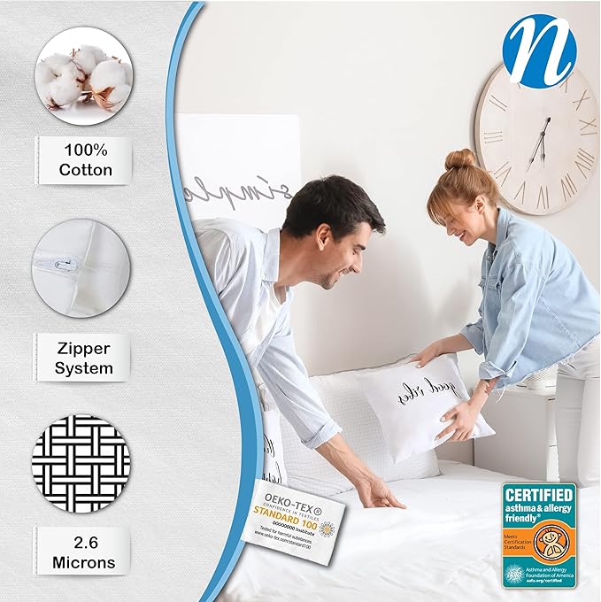 National Allergy Superior 100% Cotton Queen Mattress Protector Zippered - 60" x 80" x 9" - Hypoallergenic Bed Encasement - Breathable Dust Proof Cover - AAFA & Oeko-TEX Standard 100 Certified