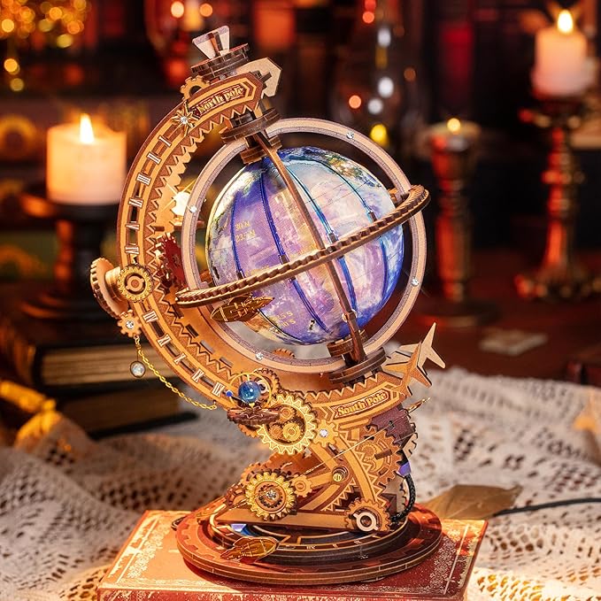 MU Model 3D Wooden Puzzles Rotating World Globes USB Charging Illuminated Craft Work 3D Metal Puzzles for Adult, Models Kits Music Boxes Miniature Building, DIY Set