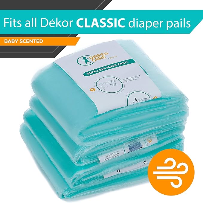 Jasclair Refill Bags Compatible with Dekor Classic Diaper Pail (4 Pack) | Baby Powder Scent | Multi-Layer Odor-Locking Liners | Leak-Resistant | Not for Dekor Plus