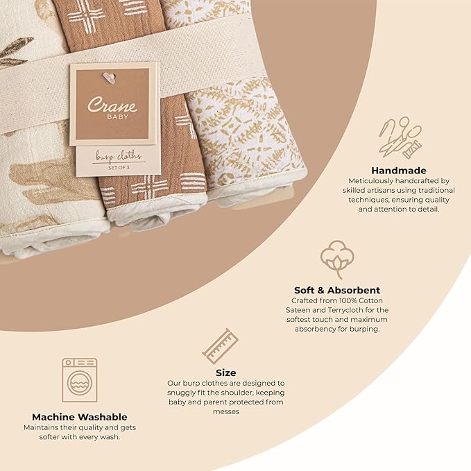 Crane Baby Muslin Baby Burp Cloths Set of 3, Safari Animal Print, 100% Cotton, Absorbent, Lightweight, 7"X20", Baby Newborn Essentials, Safari Baby Stuff