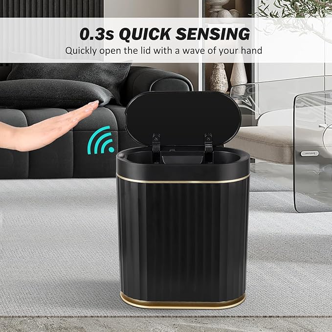 ELPHECO Black Bathroom Trash Can with Lid 2 Gallon Sensor Trash Bin, Automatic Narrow Garbage Can, Waterproof Smart Trash Can, Slim Motion Sensor Waste Bins for Bathroom, Living Room, Office
