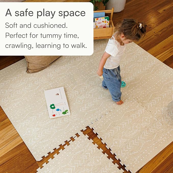 Lillefolk Baby Play Mat for Floor – 8x8ft Beige | Soft Non Toxic Premium EVA Foam Tiles for Tummy Time, Crawling & Playroom – Waterproof for Hard Floors Mat for Babies & Toddlers (16 Tiles)