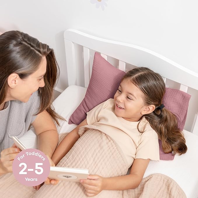 Comfy Cubs Toddler Pillow with Muslin Pillowcase, 13 x 18 in, 2 Pack - Travel and Sleep Support for Kids - Lightweight, Breathable Microfiber Fill - Soft and Cozy Small Pillow for Toddlers - Mauve