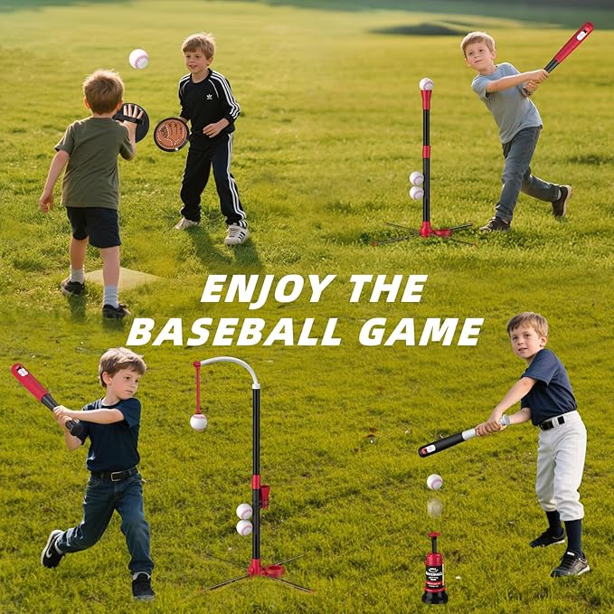 4 in 1 T-Ball Sets for Kids 3-5 with Toss and Catch Ball, Toddler Baseball with Auto Pitching Machine/6 Balls, Outdoor Sport Toys Gifts for Boys Girls