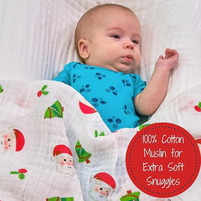 LollyBanks Muslin Swaddle Blankets, 100% Cotton Baby Blanket for Boys and Girls, 47 x 47 Inches Newborn Swaddle, Soft and Breathable Receiving Blankets, Baby Essentials, Registry (Santa Print)