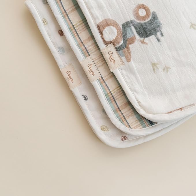 Crane Baby Burp Cloths Set, 3-pc. Charlie Farmhouse Tractor Collection, Soft 100% Cotton Muslin Burp Cloths for Baby Boys and Girls, Farm Nursery Décor