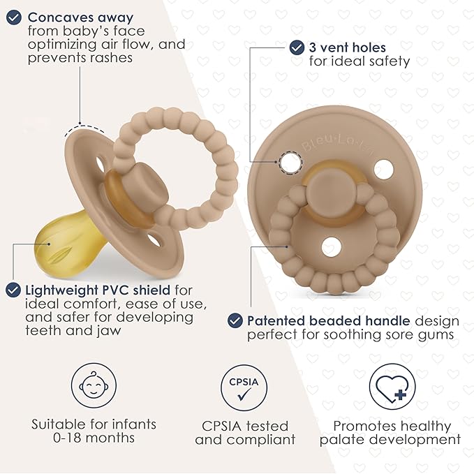 Luladream Pacifier and Clip Set - Natural Rubber Nipple - Soft Teething Handle - for Infants Baby's and Toddlers, 0-18 Months (Camel + Cream + Clips)