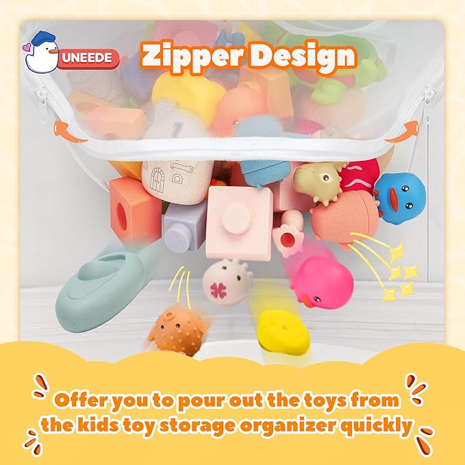 UNEEDE 4.32 Gallons Duck Print Corner Mounted Bath Toy Storage Holder, Yellow Mesh Shower Caddy for Bathtub Organizer, Quick Dry Holder