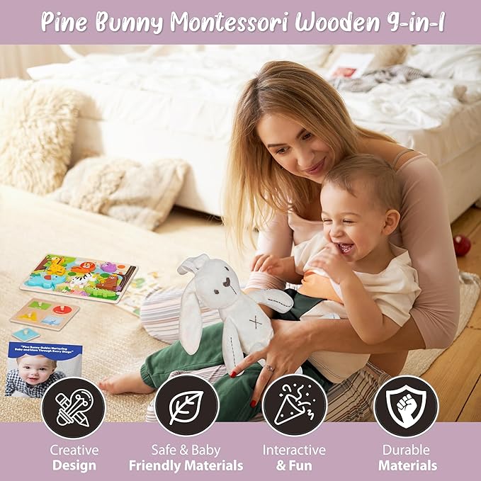 Pine Bunny Montessori Wooden 11-in-1 Toy Set for 13+ Months 3-in-1 Coins Carrots Matchsticks box Shape Sorter Bunny Doll Sand Hammer Animal Puzzle Educational Learning and Problem Solving Toddler Toys