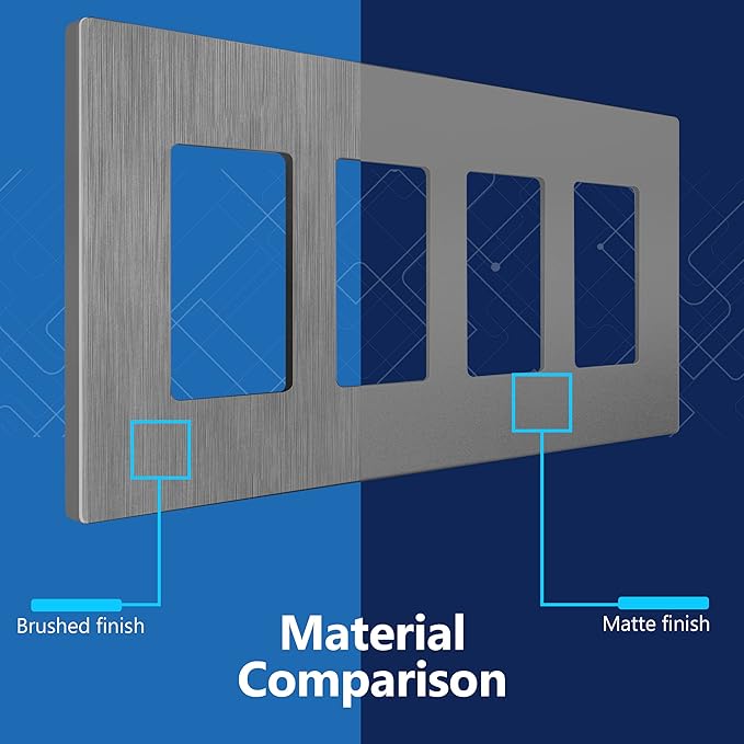 LIDER Brushed Finish Decorator Switch Cover, Screwless Wall Plate, Mid-Size 4-Gang 4.88" x 8.58", Unbreakable Polycarbonate Thermoplastic, UL Listed, LSWP-34M-BGY, Brushed Gray