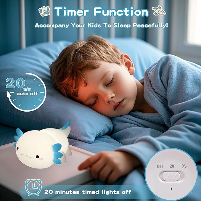 Axolotl Night Light, Nursery Lamp, 2-Level Dimmable, Touch Control, 20-Min Timer, Rechargeable, 100% Safe &Soft Silicone, Cute, Adorable, Soothing Ambiance, Gift for Kids, Blue