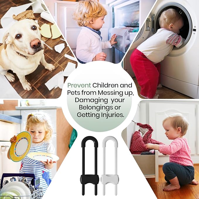 Jetec 10 Pieces Cabinet Locks for Babies, U-Shaped Proofing Drawers Safety Child Locks Adjustable, Easy to Use Childproof Latch for Knob Handle on Kitchen Door Storage Cupboard Closet (White, Black)