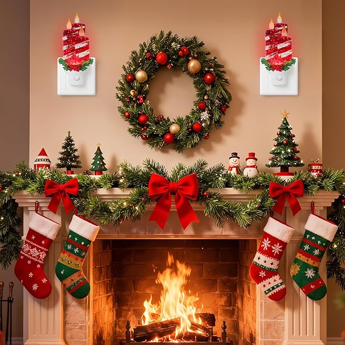 Christmas Candle Night Light Plug into Wall Glitter Water Nightlight with USB/Outlet Options, Christmas Decorative Nightlight for Bedroom Kitchen Nursery Hallway Holiday Decorations Gifts (Red Candle)