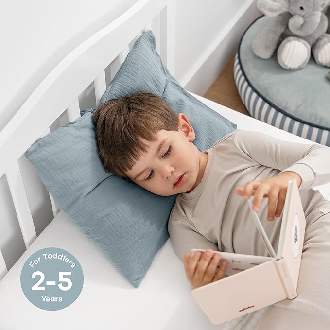 Comfy Cubs Toddler Pillow with Muslin Pillowcase, 13 x 18 in - Travel and Sleep Support for Kids - Lightweight, Breathable Microfiber Fill - Soft and Cozy Small Pillow for Toddlers - Pacific Blue