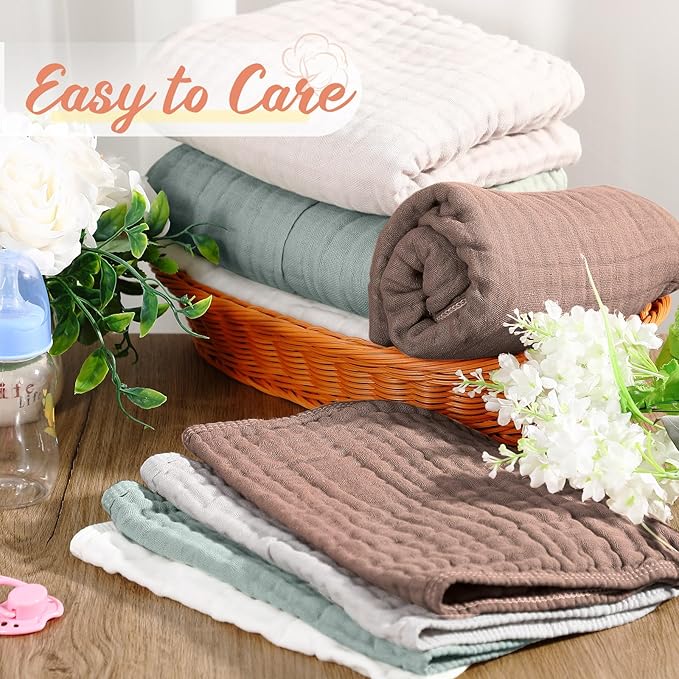 VitalCozy 8 Pcs Baby Muslin Hooded Bath Towels and Washcloths, 32 x 32 Inch Muslin Cotton Absorbent Hooded Blankets for Gift Newborn Infant Shower (Grey, Blue)