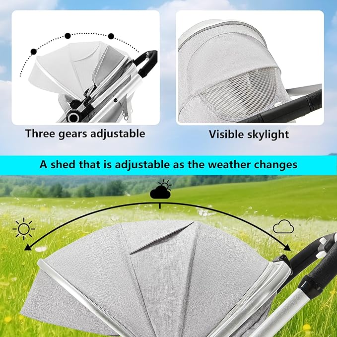 Kinder King 2 in 1 Convertible Baby Stroller, Folding High Landscape Infant Carriage, Newborn Reversible Pram, Adjustable Canopy, Diaper Bag, Anti-Shock Toddler Pushchair Stroller, Light Grey