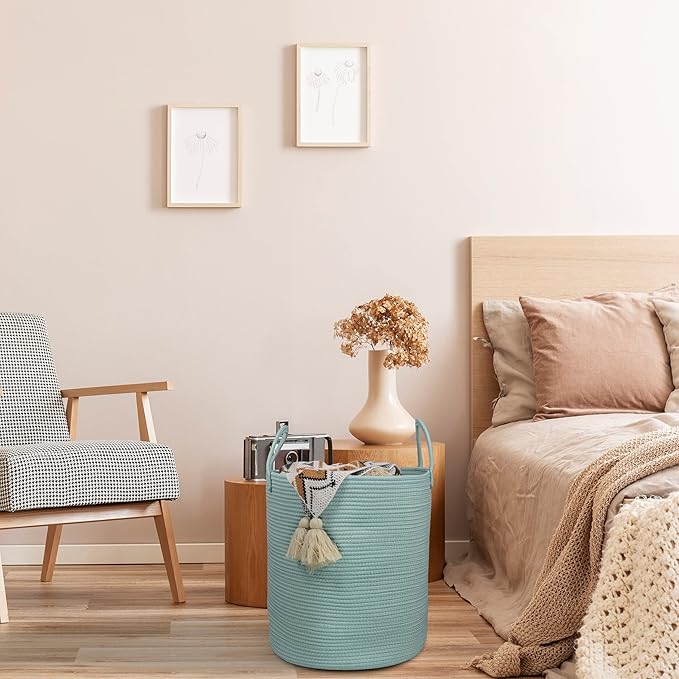 Cotton Rope Laundry Basket Hamper for Clothes Woven Storage Basket for Living Room Bedroom Boho Tall Rope Baskets for Blanket Toys Pillow Towels Baby Nursery Hamper Bin Large light green