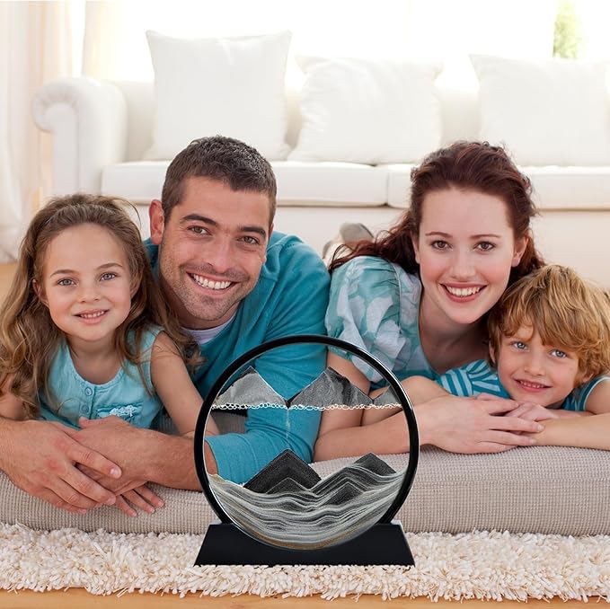 Moving Sand Art Liquid Motion, 3D Deep Sea Sandscape Color Quicksand Decor, Round Glass Moving Sand Art Picture Relaxing Desktop Home Office Work Decor (Black, 12 inch)