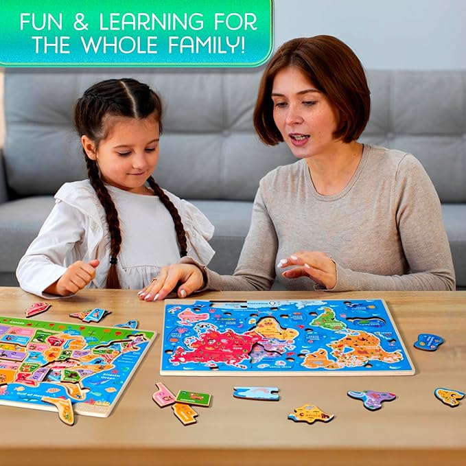 Montessori Mama Wooden Puzzles for Kids Ages 4-6, USA States and Capitols, World Continents and Oceans, Combo Set 2 Toddler Puzzles
