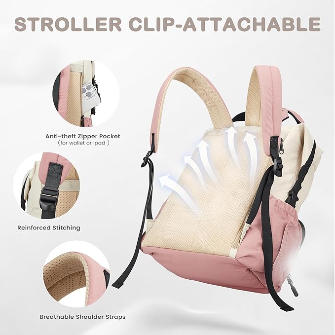 VONAL Diaper Bag Backpack, Lightweight Baby Diaper Bags, Travel Large Diaper Bag with Changing Station, Pink Diaper Backpack for Boys Girls Newborn with Insulated Pockets, Stroller Straps