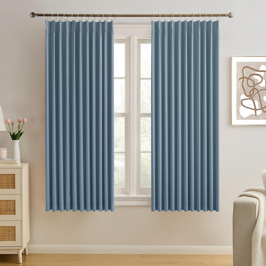 KEQIAOSUOCAI Pinch Pleated Blackout Curtain Drapes for Window 63" L - Triple Weave Energy Saving Thermal Room Divider Blackout Panels for Patio (72" Wide per Panel, 2 Panels, Dusty Blue)