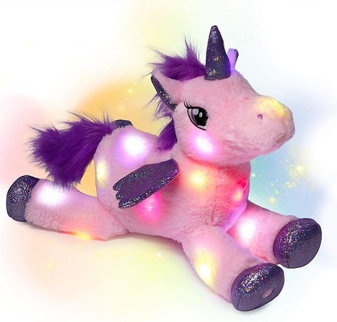 Hopearl LED Plush Unicorn Lighting Up Stuffed Animal Floppy Night Lights Glow in The Dark Birthday Festival for Kids Toddler Girls, Pink, 16''