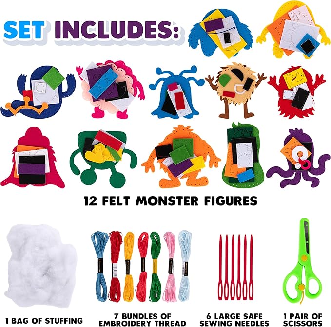 Halloween Monster Craft Sewing Kit for Kids - Sewing Craft Kit with 12 Monster Characters, 6 Child-Friendly Needles, 7 Thread Bundles, 1 Bag of Stuffing, and Scissors - Sewing Craft Ages 5 6 7 8 9 10+