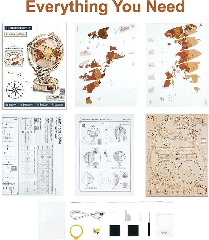 ROBOTIME ST003 Luminous Globe - Wooden 3D Puzzles for Adults with LED Light - Globe Model Building Kit for Teens & Adults