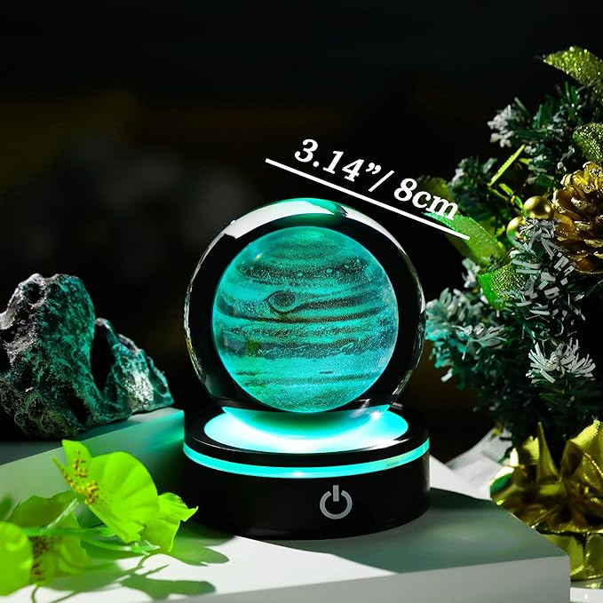 3D Jupiter Model Crystal Ball Led Lamp Base - Space Decor World Globe Planets Sphere Night Light 80mm 3.15 Inch - Solar System Decor Best Birthday Astronomy Gifts for Men Physics Science Teacher