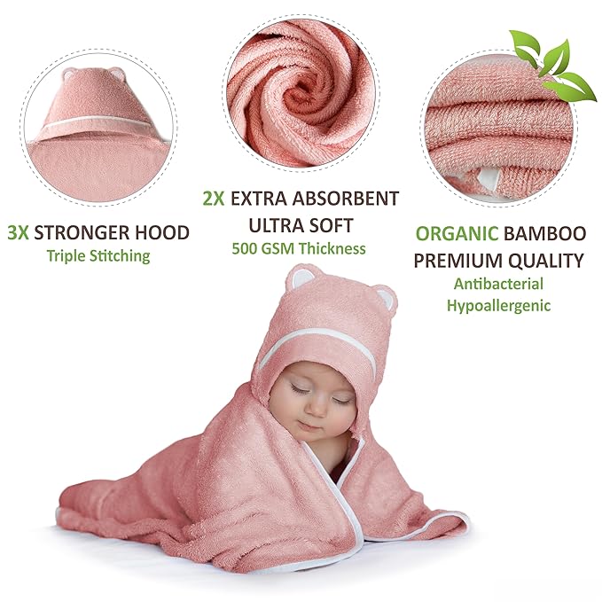 Premium Baby Bath Towel - Rayon Made from Bamboo Hooded Baby Towels - Newborn Baby Towel with Hood - Large Hooded Towel for Newborn Infant Boy Girl (Pink)