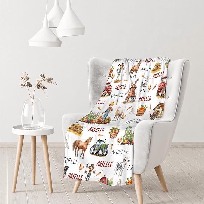 Personalized Custom Baby Blanket with Name - Swaddle Blanket for Toddlers, Infants, Kids, Newborns - Nursery Stroller Crib Decor Throw - Farm Chicken Theme - Birthday Gift