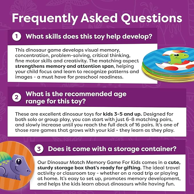 Dinosaur Toys for Kids 3-5 Matching Game - 32pc Dinosaur Games for Kids Memory Game - Kindergarten Preschool Educational Toys - Gifts for 3 Year Old Boys & Girls