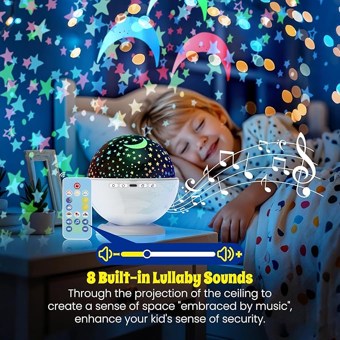Night Light Projector,Night Light for Kids Room with Remote and Timer,360° Rotation,3 Projection Films,18 Light Modes,8 Lullaby Songs,Kids Night Lamp, Birthday Christmas Gifts for Boys Girls (White)