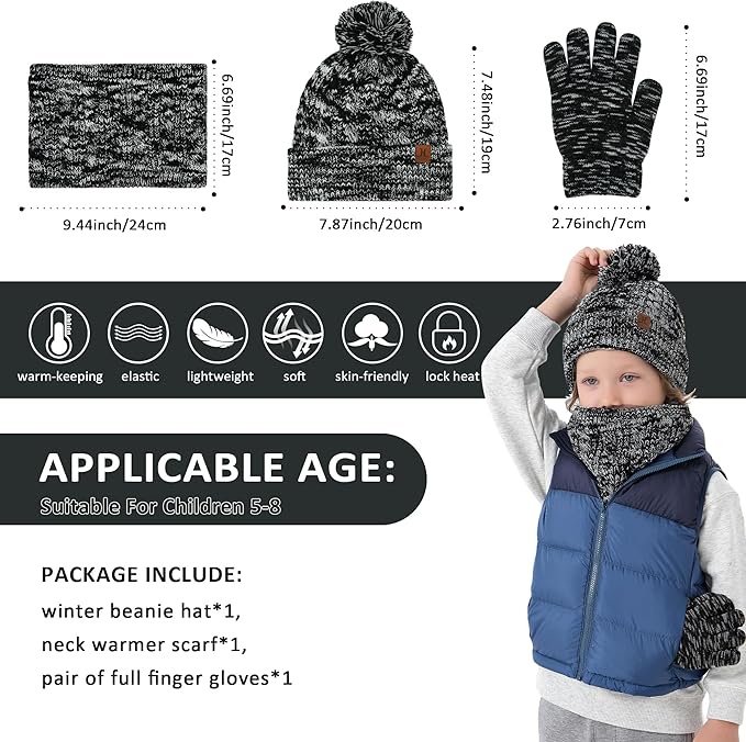 Kids Toddlers Winter Beanie Hats Gloves Neck Scarf Set Mittens Gifts for 0 6 12 Months 1 2 3 4-8 Year Old Baby Girls Boys