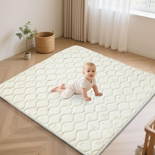 Fortella Baby Play Mat for Playpen & Floor, 47“x47” Foldable Foam Padded Playmats for Babies Toddlers Kids, Washable Soft Non-Slip Crawling Rug, Newborn Tummy Time Nursery Gym Activity (Forest Beige)