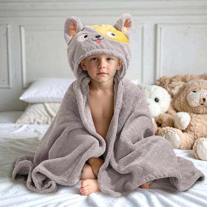 Baby Towels with Hood 0-5 Years, 2 Pack Coral Fleece Large Size 50 in*32 in Toddler Bath Towel, Ultra Absorbent Thick Soft for for Baby Kids Chirdern, Blue&Grey Set